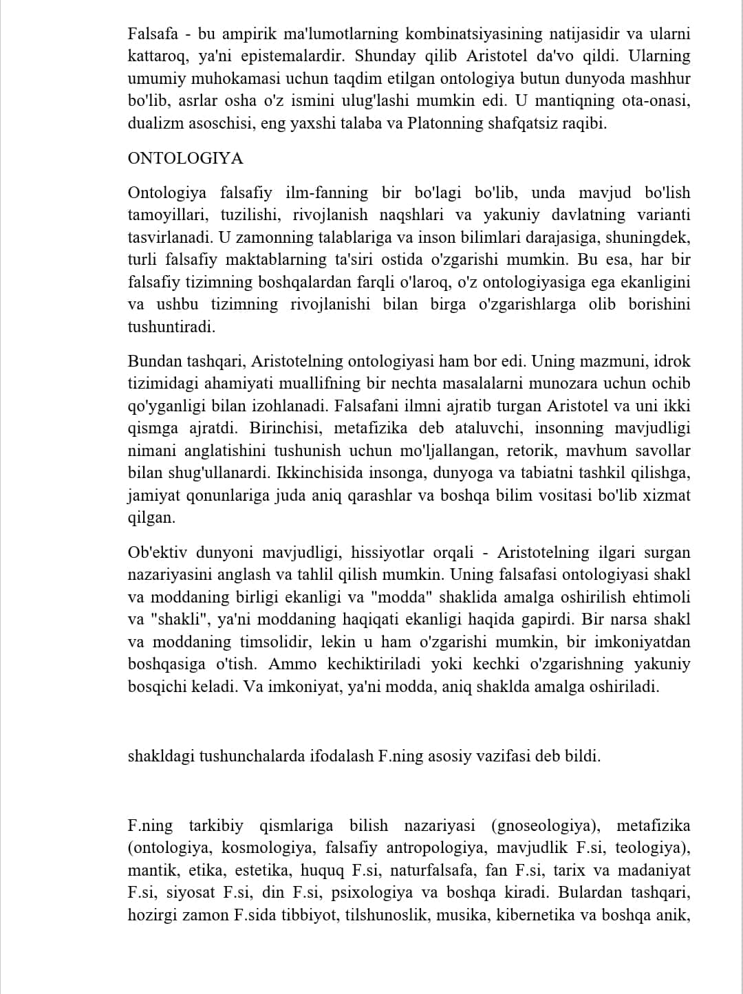 Aristotel, Farobiy va Kand ontologoyasida kategoriyalar tasnifi. 1