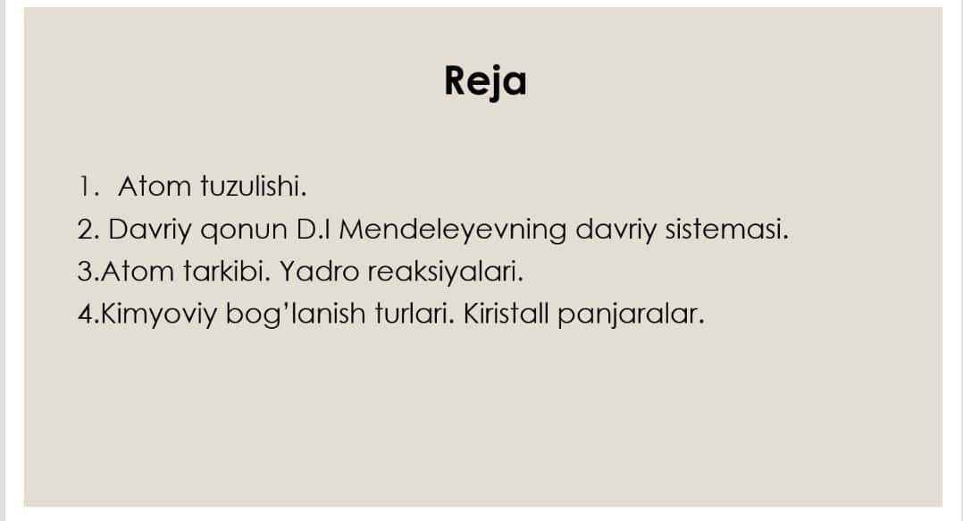 Atom tuzulishi Davriy qonun Mendeleyning davriy sistemasi 1