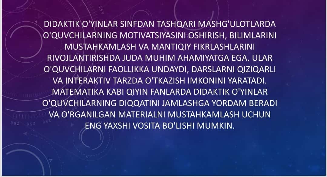 MAVZU:Sinfdan tashqari mashg`ulotlarda didaktik o`yinlarning ahamiyati, mazmuni ulardan foydalanish usullari 1
