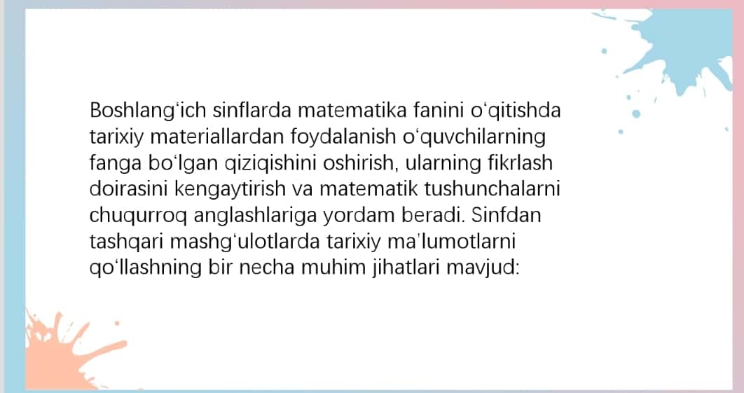 Boshlangʻich sinflarda matematikadan sinfdan tashqari ishlarda tarixiy materiallardan foydalanish 1