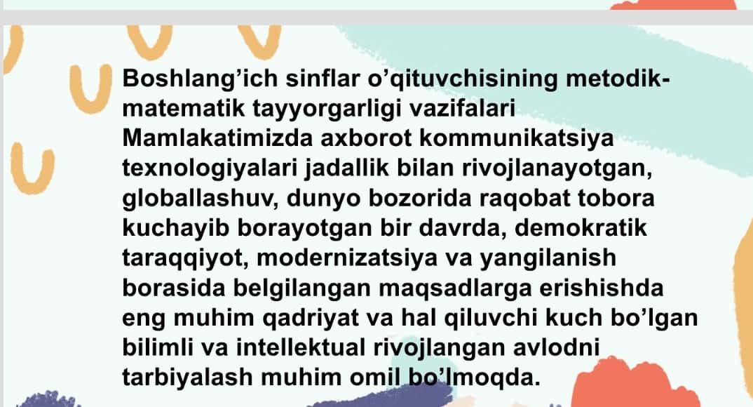 Mavzu:Boshlang’ich sinflarda matematika darslarida qo’llaniladigan o’quv vositalari va ularning vazifalari. 1