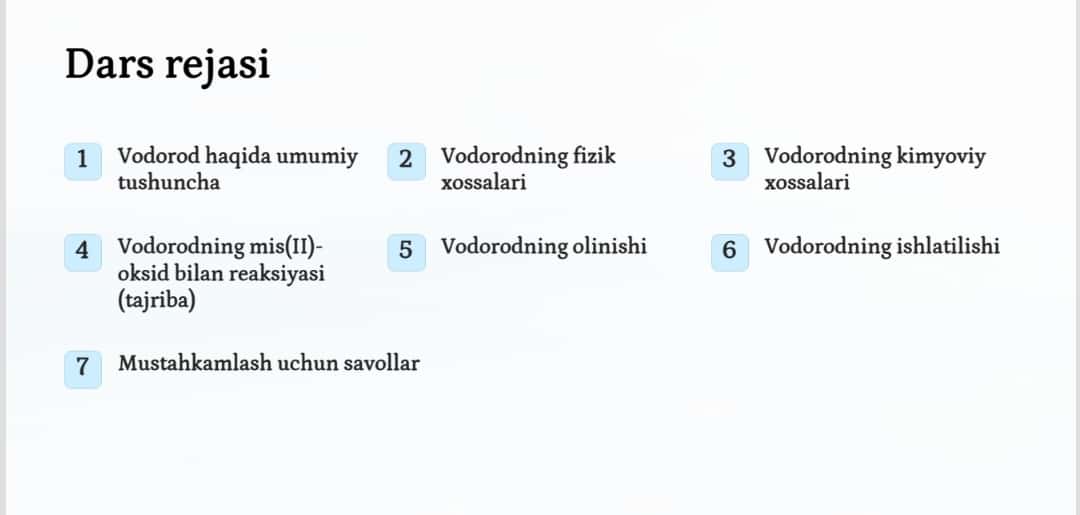 "Vodorodning xossalari va ishlatilishi. Namoyishli tajriba: Vodorodning mis(II)-oksid bilan o'zaro ta'siri"  Fan: Kimyo, 7-sinf 1