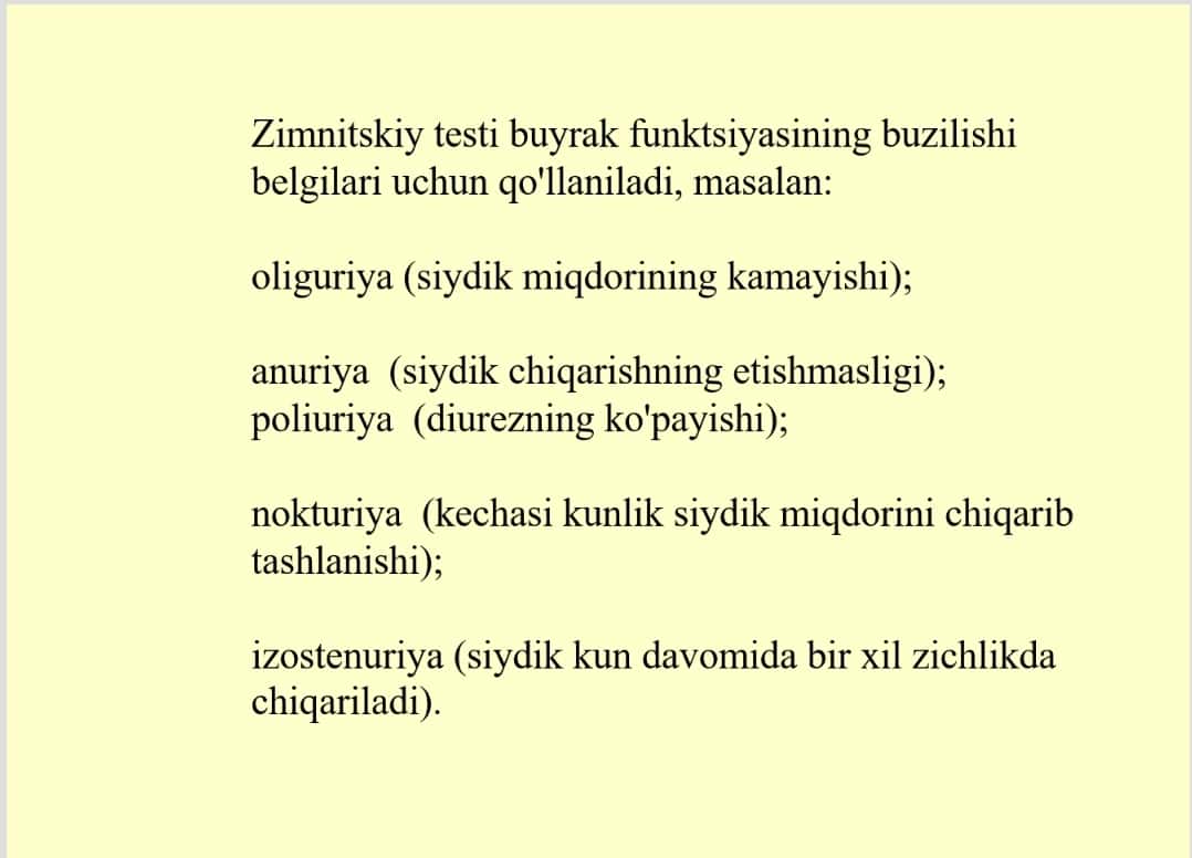 Umumiy siydik taxlilini interpretatsiyasi. Buyrakning    funksional sinamalari: Zimniskiy, Nechiporenko,            Reberg sinamalarini interpretatsiyasi 1