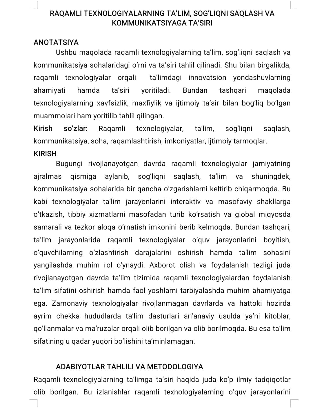 Raqamli texnologiyalarning ta’lim, sog‘liqni saqlash va kommunikatsiyaga ta’siri 1