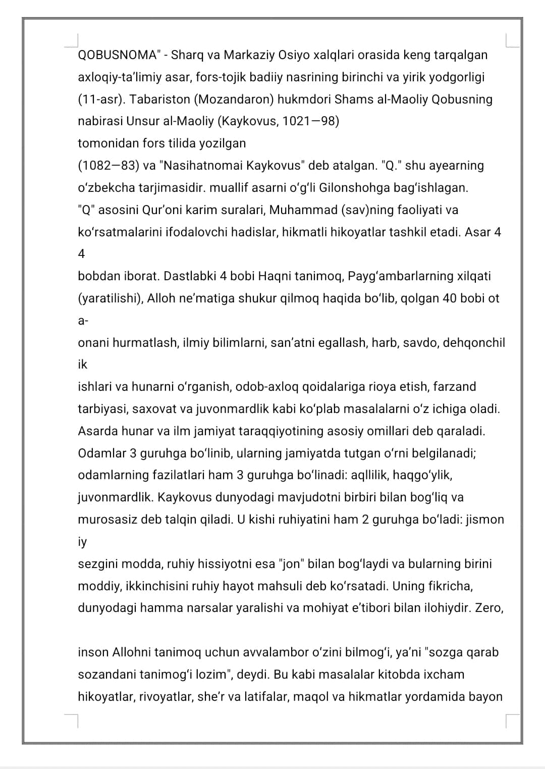 Kaykovusning “Qobusnoma” asarida hikoyatlar tahlili 1