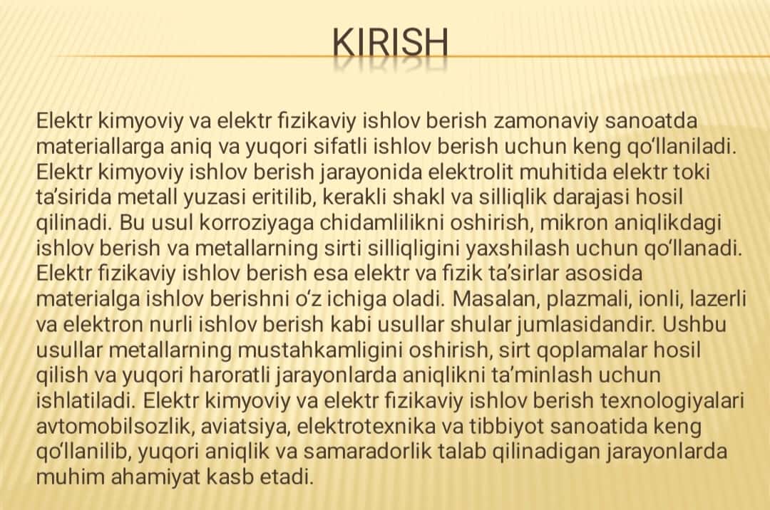 Elektr kimyoviy va elektr fizikaviy ishlov berish 1