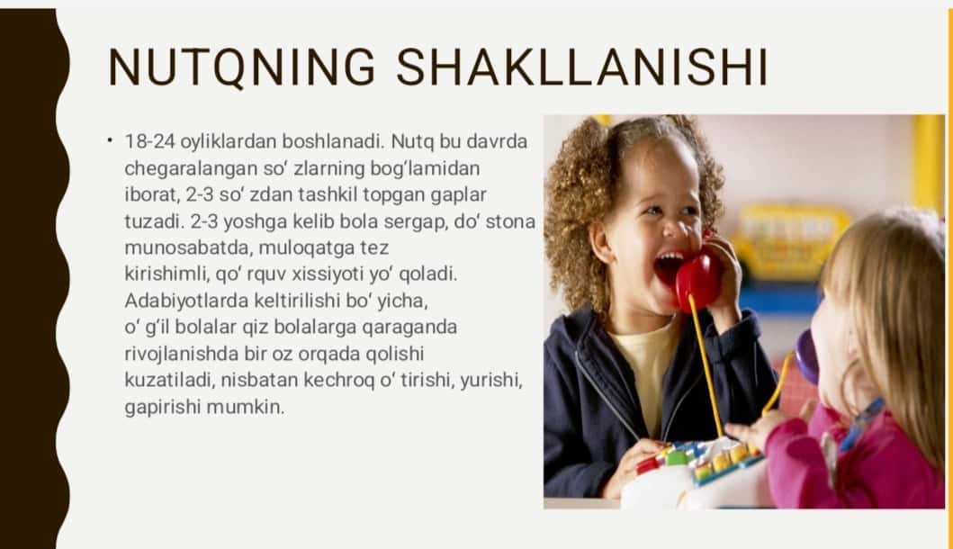 Bolalarning asab-ruhiy rivojlanishi. Statika, motorikaning rivojlanish bosqichlari. Nutq, emotsiya va muloqat shakllarining rivojlanishi. Asab tizimi kasalliklari 1