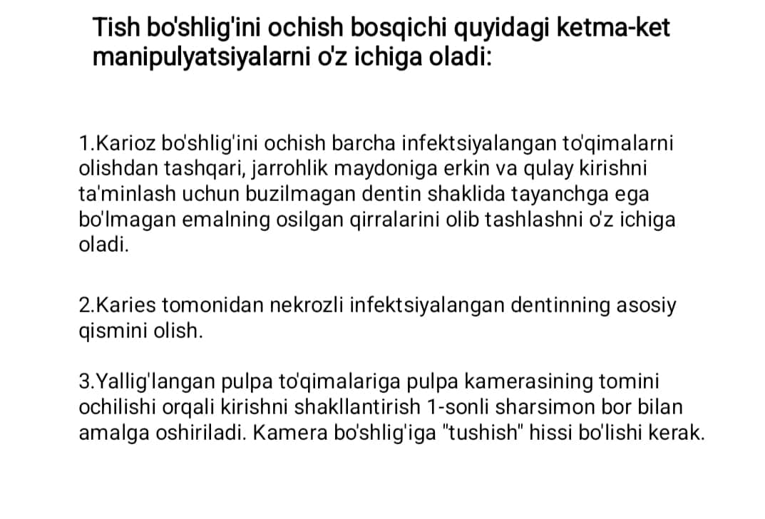 Endo kirish.Tish bo'shlig'ini ochish texnikasi 1