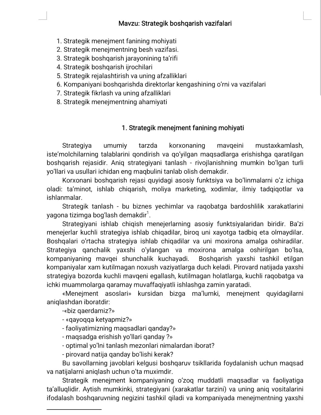 Strategik boshqarish vazifalari mavzusidan mustaqil ish 1