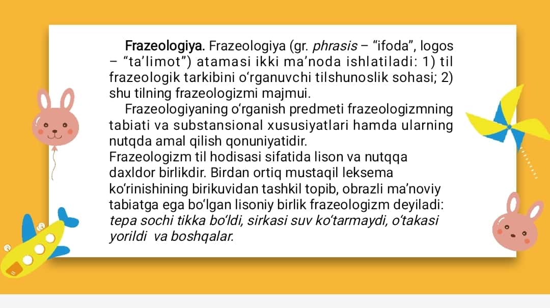 Frazeologik birliklar .Frazeologik birliklarning ko'chma ma'noga asoslanishi.Frazeologik birliklarning ifoda va mazmun  plani 1