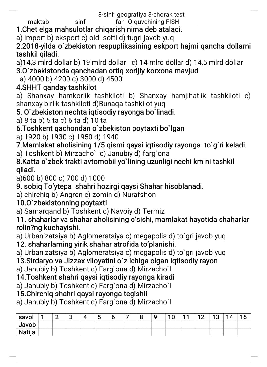 8-sinf geografiya nazorat ishi 1