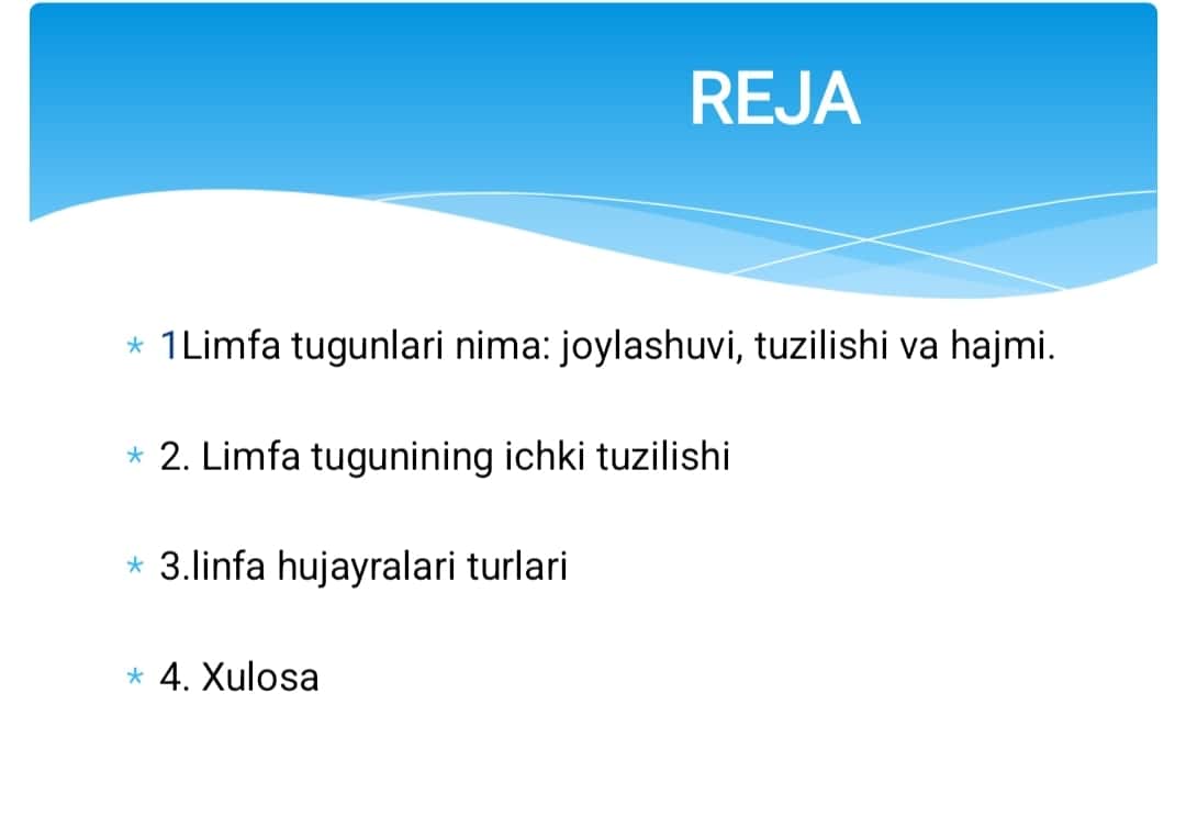 Limfa tugunlari .Birlamchi va ikkilamchi linfa tugunlari (folikular) tuzilishi va hujayra tarkibi.Limfa tugunlarining yoshga qarab o ‘zgarishi va regeneratsiyasi. 1