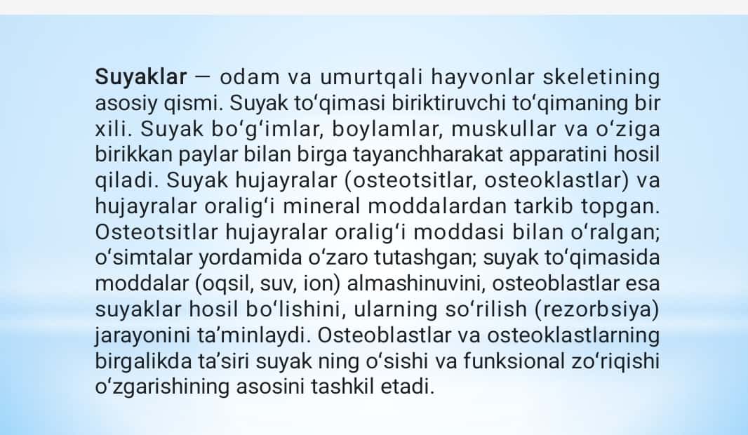 Suyak to’qimalarining minerallashuvi, uning tartibga solinishi va buzilishilari. Suyak to’qimalarining regeneratsiyasi va transplantatsiyasi. Suyakning o’sishga ta’sir etuvchi omillar. 1