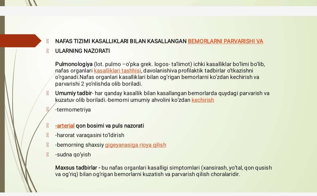 Nafas tizimi kasalliklari bilan kasallangan bemorlarni parvarishlash 1