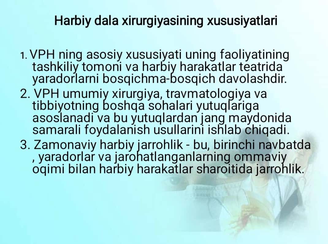 Zamonaviy o'q dorilarning halokatli ta'sirining xususiyatlari. O'q otish jarohati patogenezi. 1