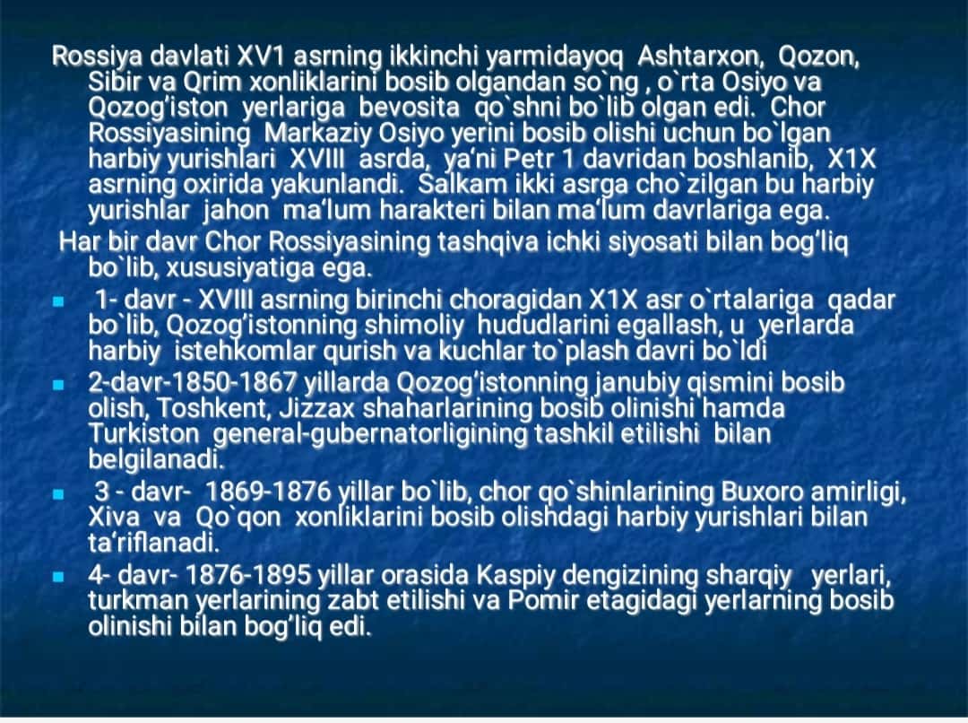 Chor Rossiyasining Turkistonni bosib olishi. Chorizm istibdodiga qarshi Turkiston xalqlarining milliy-ozodlik kurashi. 1
