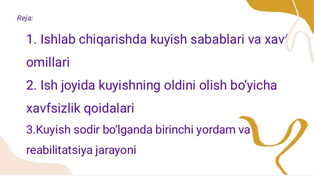 Ishlab chiqarishda kuyish, uni oldini olish va birinchi yordam koʻrsatish turlari 1