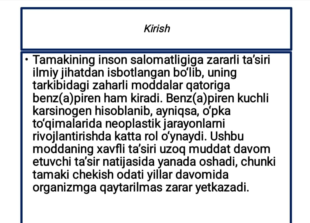 "Tamakidagi Benz(a)pirenning O‘pkada Neoplastik Jarayonlar Rivojlanishidagi Ahmiyati" 1