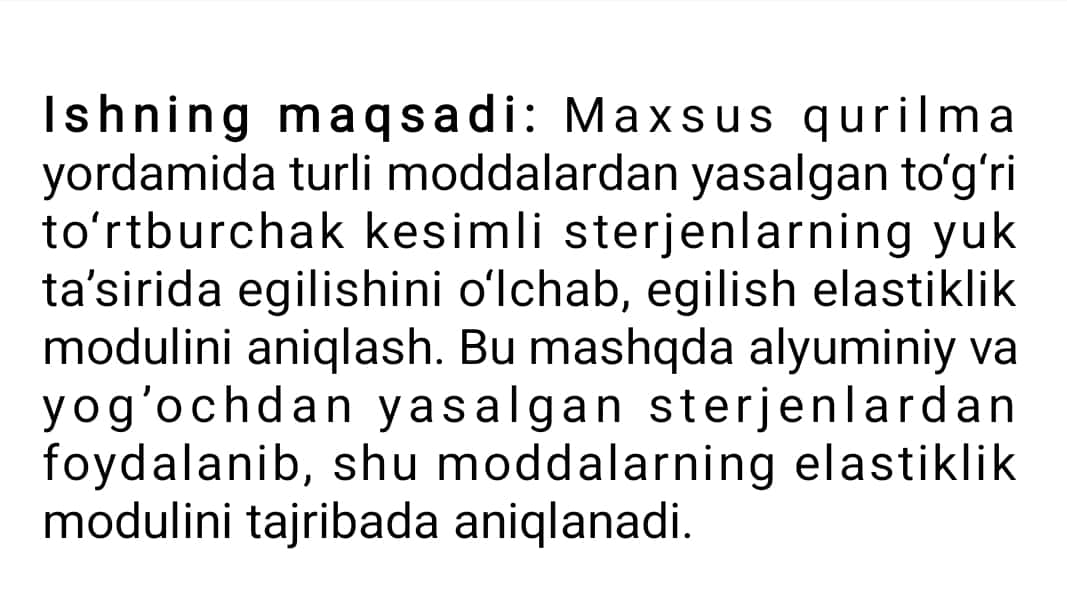 Elastiklik modulini qattiq jismning egilish  deformasiya yordamida aniqlash. 1