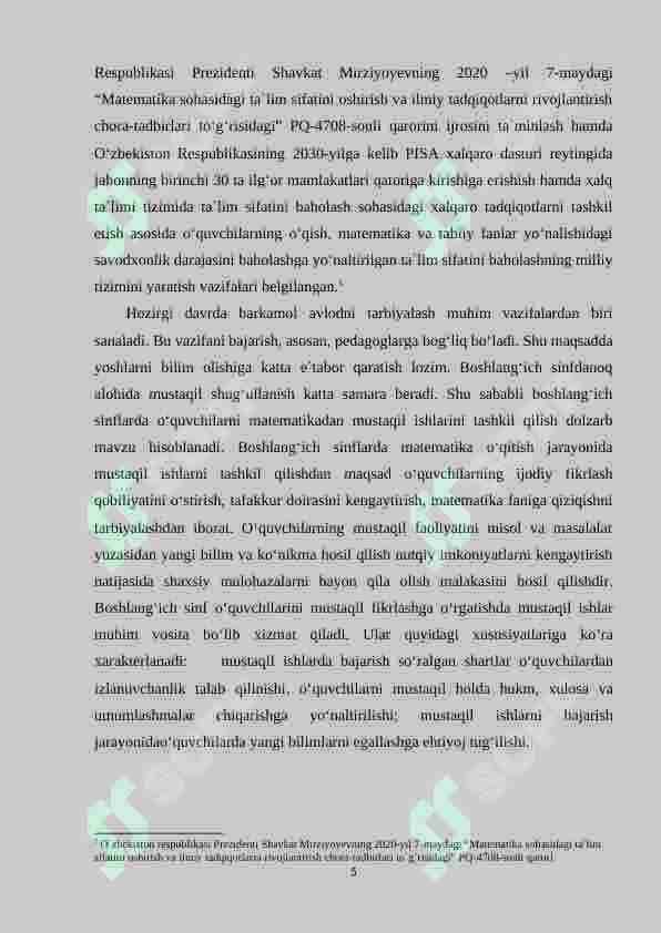 Boshlang‘ich sinfda matematikadan mustaqil ishlarni tashkil etishda og‘zaki topshiriqlardan foydalanish metodikasi (4-sinf) 4