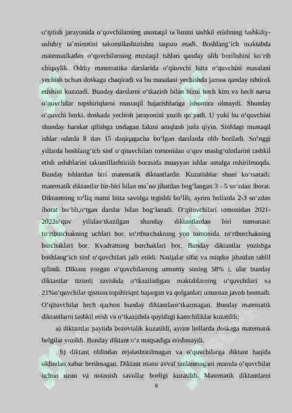 Boshlang‘ich sinfda matematikadan mustaqil ishlarni tashkil etishda og‘zaki topshiriqlardan foydalanish metodikasi (4-sinf) 7