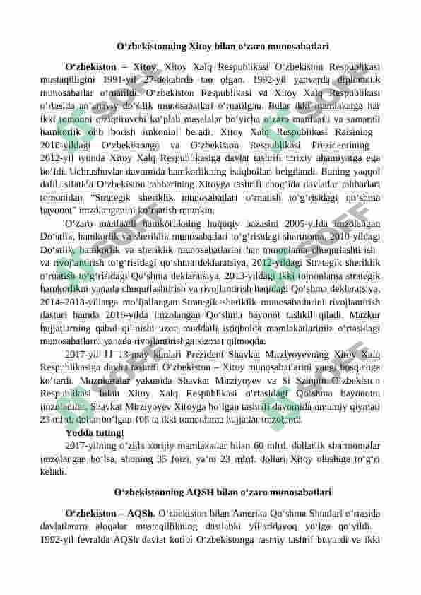 O‘zbekistonning Rossiya, Xitoy, AQSH bilan o‘zaro munosabatlari 2