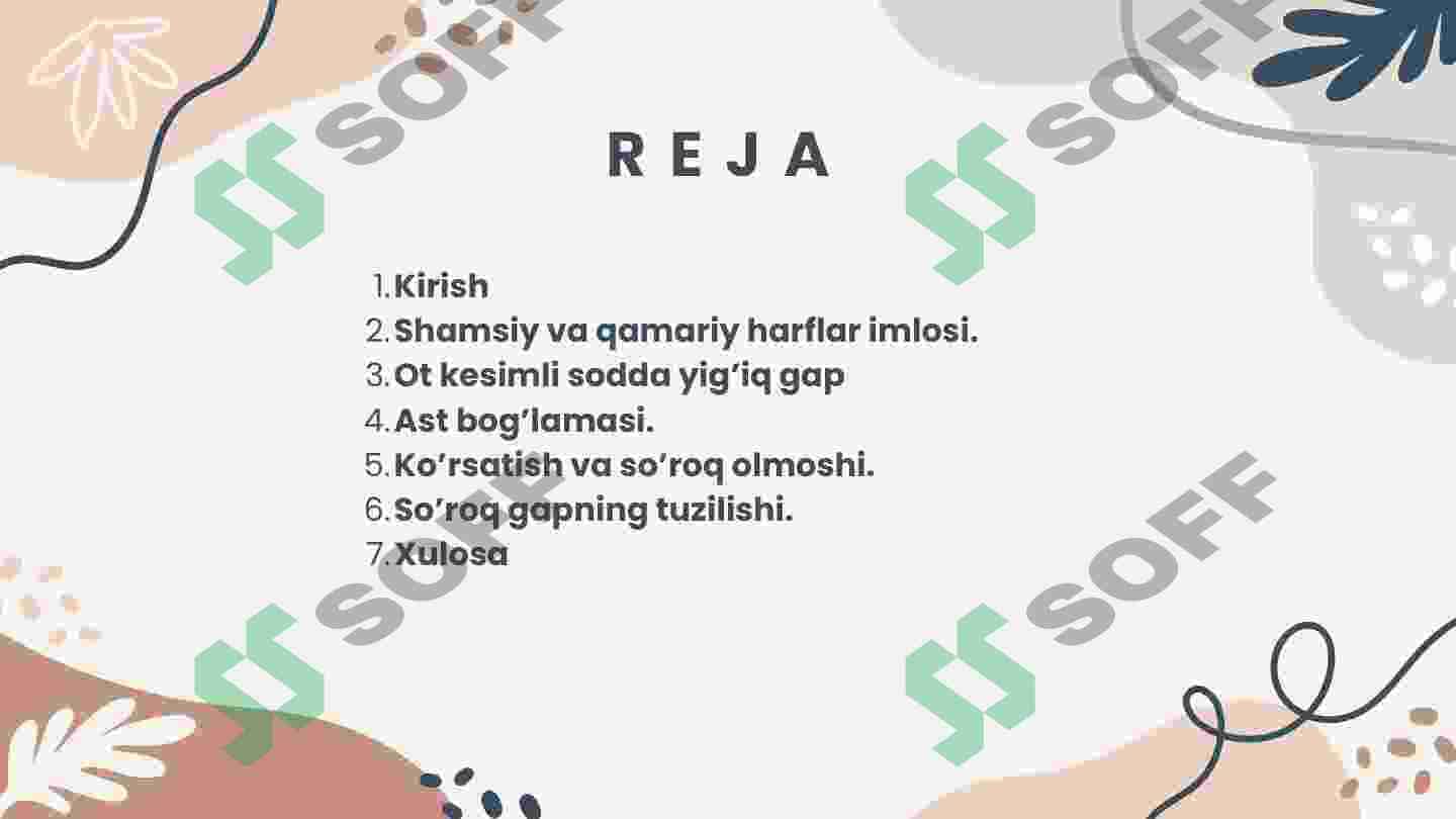 Muttasil harflar haqida ma’lumot.  Cho’ziq unlilarning yozuvda  ifodalanishi. Diftong. Bo’g’in va  urg’u. Shamsiy va qamariy harflar. 2