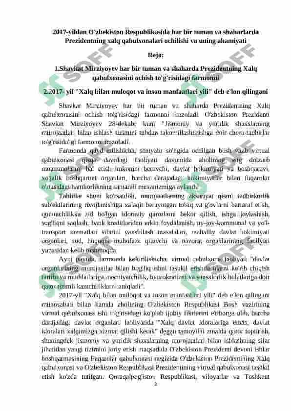 2017-yildan O'zbekiston Respublikasida har bir tuman va shaharlarda Prezidentning xalq qabulxonalari ochilishi va uning ahamiyati 2