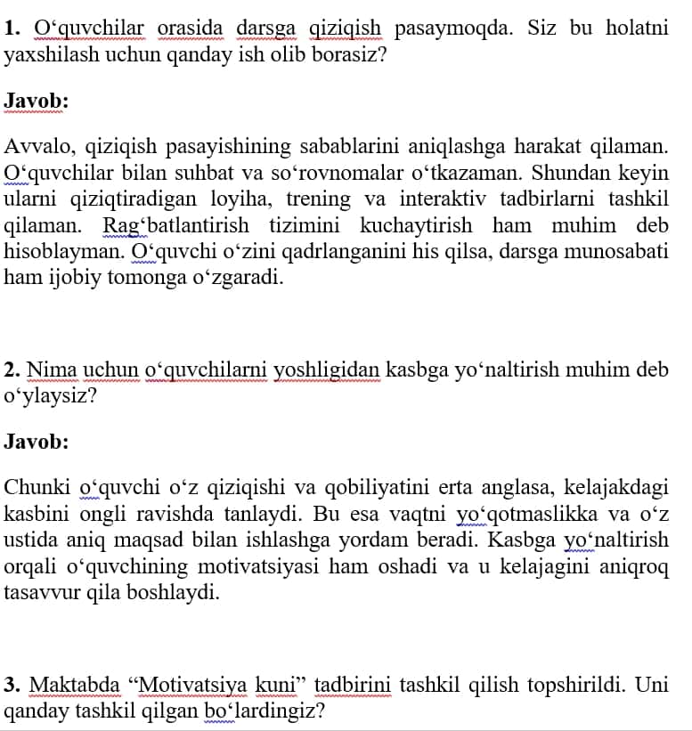 Makatab maslahatchi suhbat biletlari javoblari bilan 2026 2