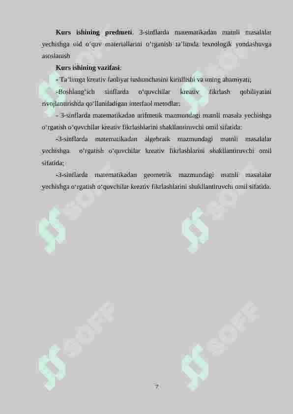 Boshlang‘ich 3–sinflarda matematikadan matnli masala yechishga o‘rgatish o‘quvchilar kreativ fikrlashlarini shakllantiruvchi omil sifatida 7