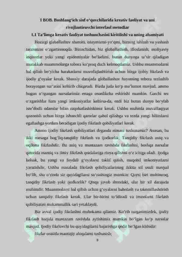 Boshlang‘ich 3–sinflarda matematikadan matnli masala yechishga o‘rgatish o‘quvchilar kreativ fikrlashlarini shakllantiruvchi omil sifatida 8