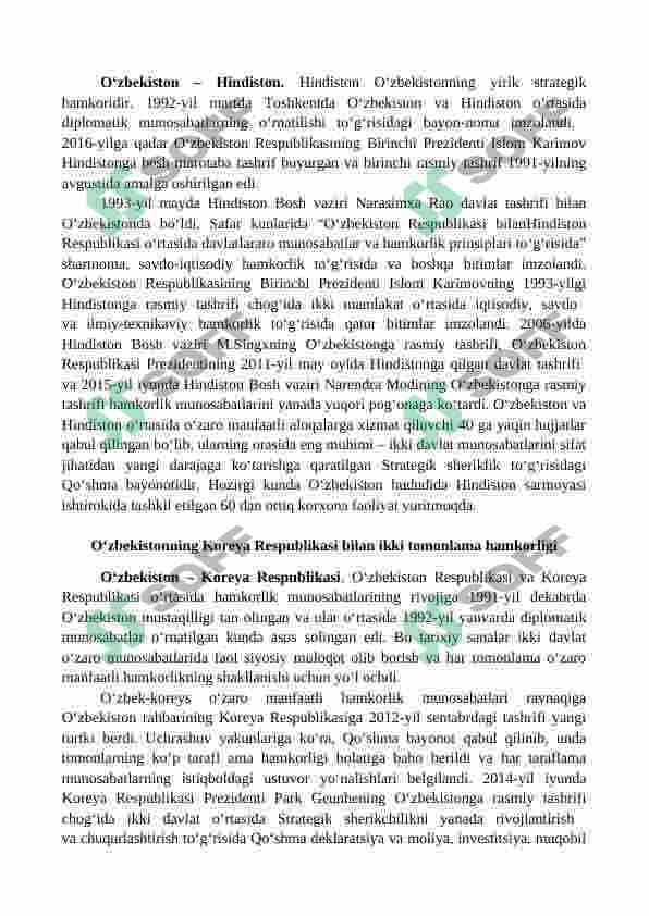 O‘zbekistonning Yaponiya, Hindiston va Koreya Respublikasi bilan ikki tomonlama hamkorligi 2