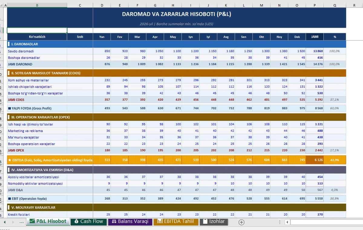 Cash flow statement, p&l statement format 1