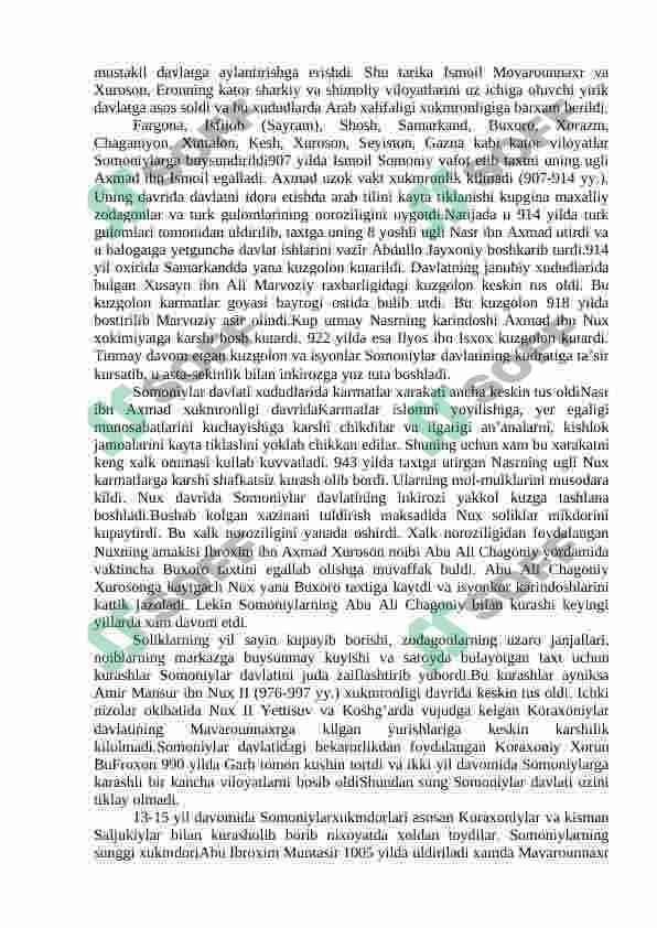 Somoniylar davlati: ijtimoiy-siyosiy jarayonlar, davlat boshqaruv tartibi, huquqiy munosabatlar. Qoraxoniylar davlat: ma’muriy tuzilishi, hududi, davlat boshqaruv tartiblari 4