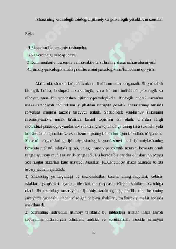 Shaxsning xronologik,biologik,ijtimoiy va psixologik yetuklik mezonlari