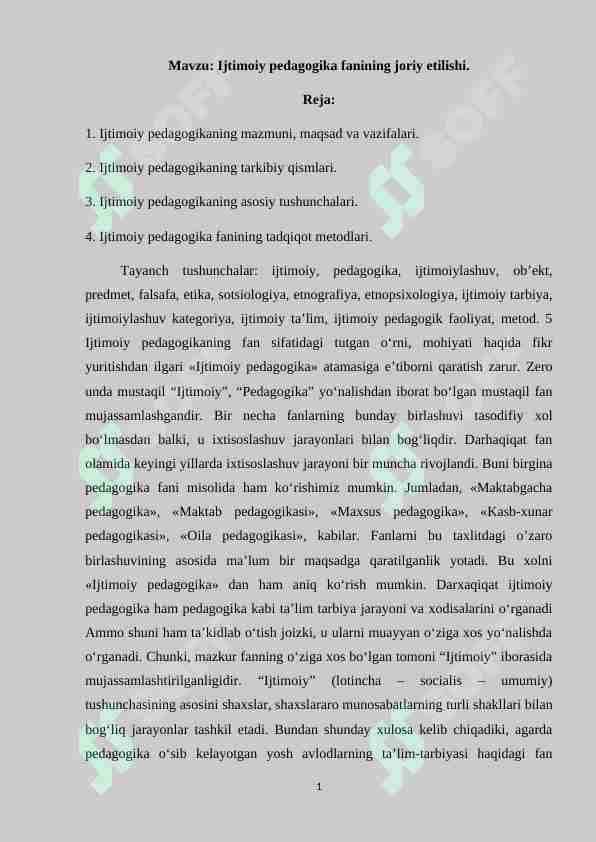 Ijtimoiy pedagogika fanining joriy etilishi.