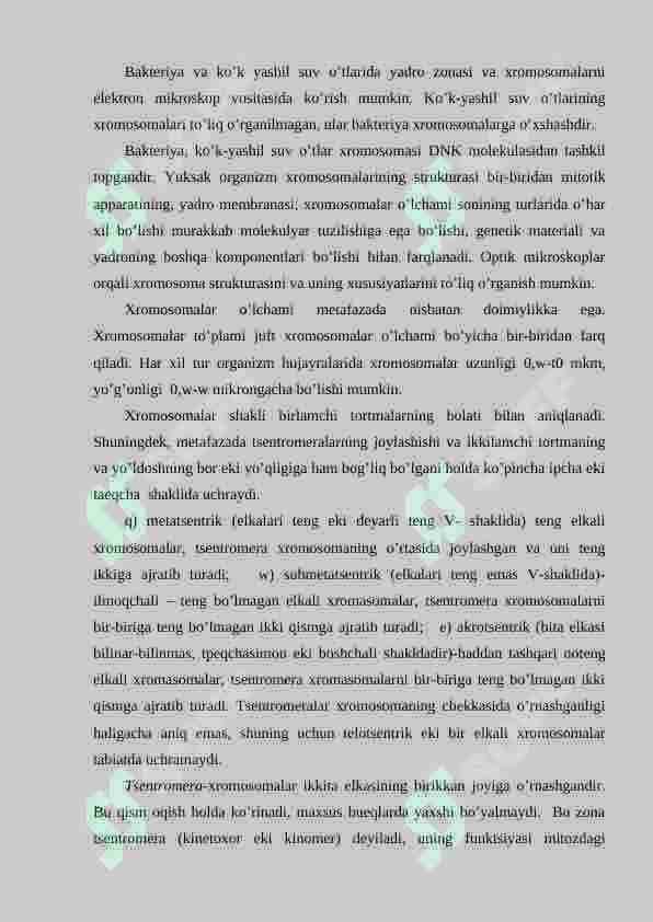 NUKLIOSOMA VA XROMATIN IPINING TUZILSHI. METAFAZA XROMOSOMALARNING TURLARI. XROMOSOMALARNING SITOGENETIK ÓZGARISHLARI. 2