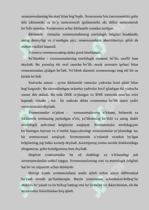 NUKLIOSOMA VA XROMATIN IPINING TUZILSHI. METAFAZA XROMOSOMALARNING TURLARI. XROMOSOMALARNING SITOGENETIK ÓZGARISHLARI. 3