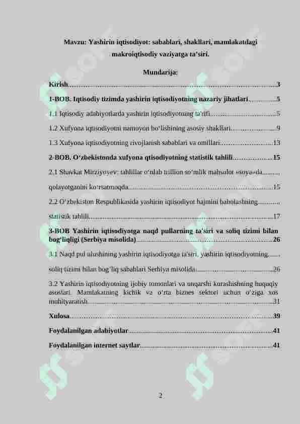 Yashirin iqtisodiyot: sabablari, shakllari, mamlakatdagi makroiqtisodiy vaziyatga ta’siri. 2