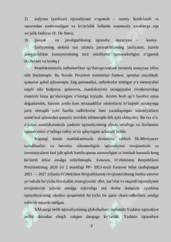 Yashirin iqtisodiyot: sabablari, shakllari, mamlakatdagi makroiqtisodiy vaziyatga ta’siri. 4