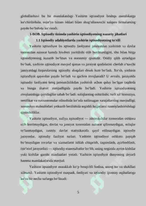Yashirin iqtisodiyot: sabablari, shakllari, mamlakatdagi makroiqtisodiy vaziyatga ta’siri. 5