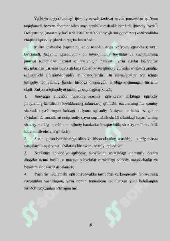 Yashirin iqtisodiyot: sabablari, shakllari, mamlakatdagi makroiqtisodiy vaziyatga ta’siri. 6