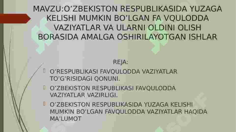 O’ZBEKISTON RESPUBLIKASIDA YUZAGA KELISHI MUMKIN BO’LGAN FA VQULODDA VAZIYATLAR VA ULARNI OLDINI OLISH BORASIDA AMALGA OSHIRILAYOTGAN ISHLAR 2