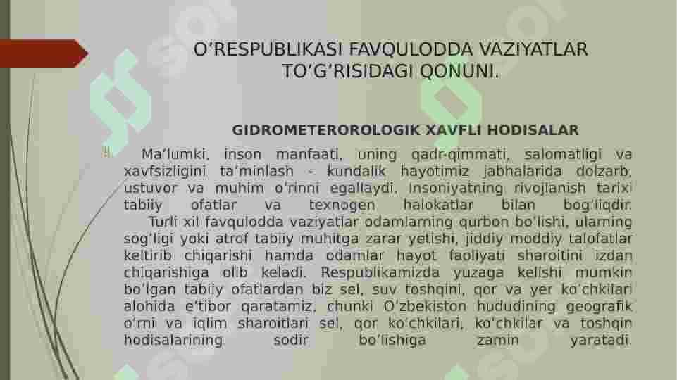 O’ZBEKISTON RESPUBLIKASIDA YUZAGA KELISHI MUMKIN BO’LGAN FA VQULODDA VAZIYATLAR VA ULARNI OLDINI OLISH BORASIDA AMALGA OSHIRILAYOTGAN ISHLAR 4