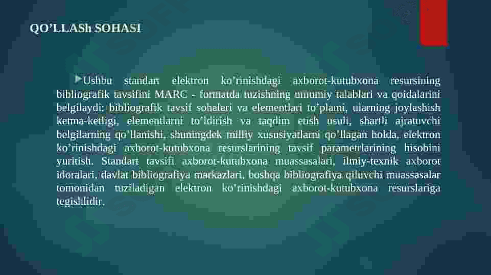 Elektron koʼrinishdagi axborot-kutubxona resursining bibliografik tavsifini MARC-formatda tuzishning umumiy talablari va qoidalari 2