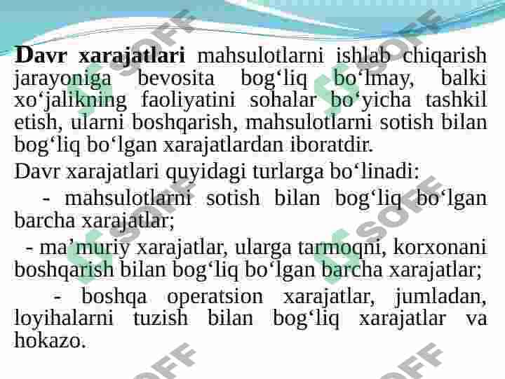 KORXONALARDA ISHLAB CHIQARISH XARAJATLARI VA  MAHSULOT TANNARXI 6