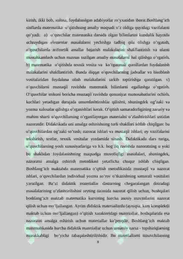 Boshlang‘ich sinflarda matematika o‘qitishning psixologik asoslarini o‘rganish metodikasi 8