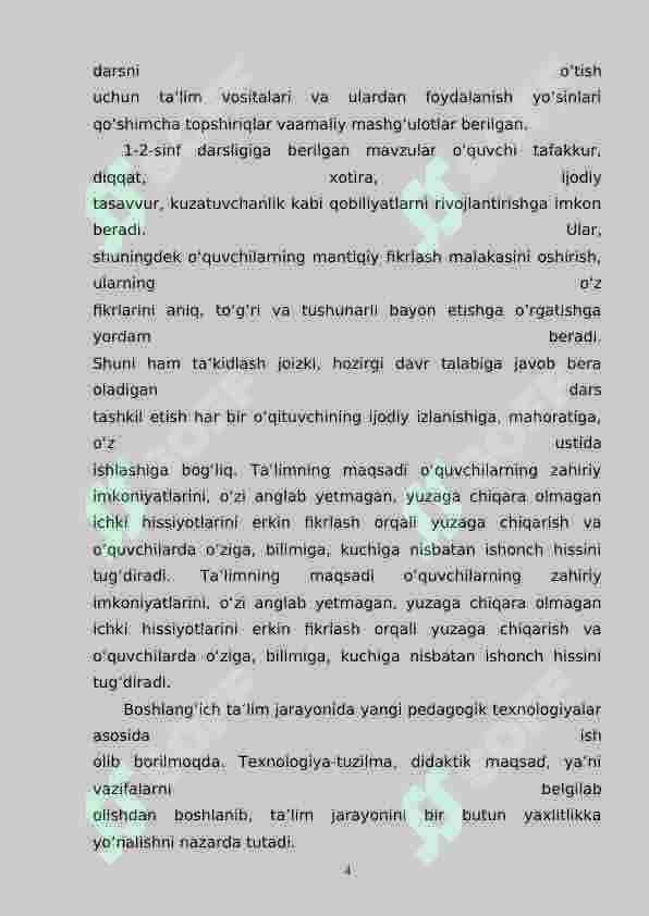 Boshlang‘ich sinf matematika darsligi ustida ishlash va darslikni tahlil qilish metodikasi (1-2 sinflar) 4