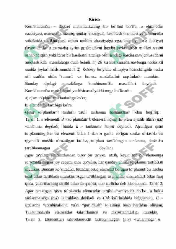 Takrorsiz o‘rinlashtirish va o‘rin almashtirishlar sonini hiosblash. Misollar 3