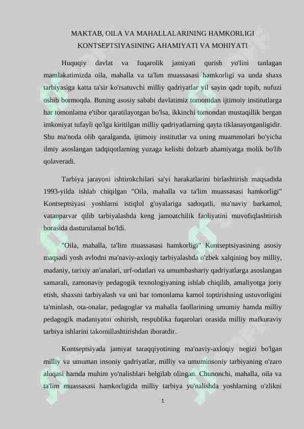 MAKTAB, OILA VA MAHALLALARINING HAMKORLIGI KONTSEPTSIYASINING AHAMIYATI VA MOHIYATI